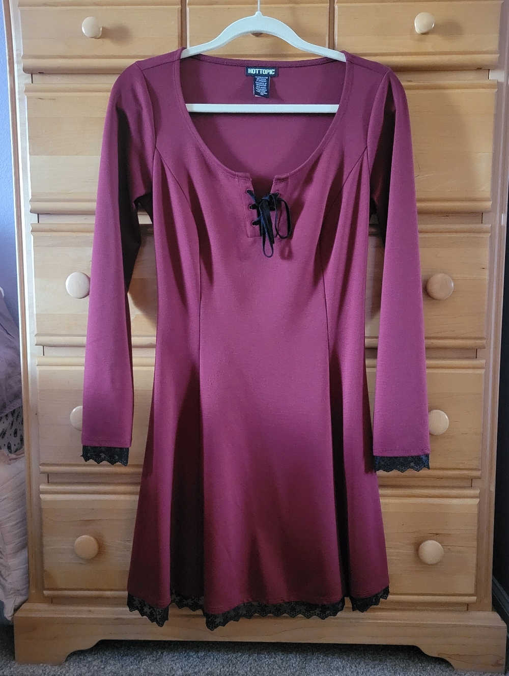 Hot Topic Burgundy A-line Lace-Up Dress
